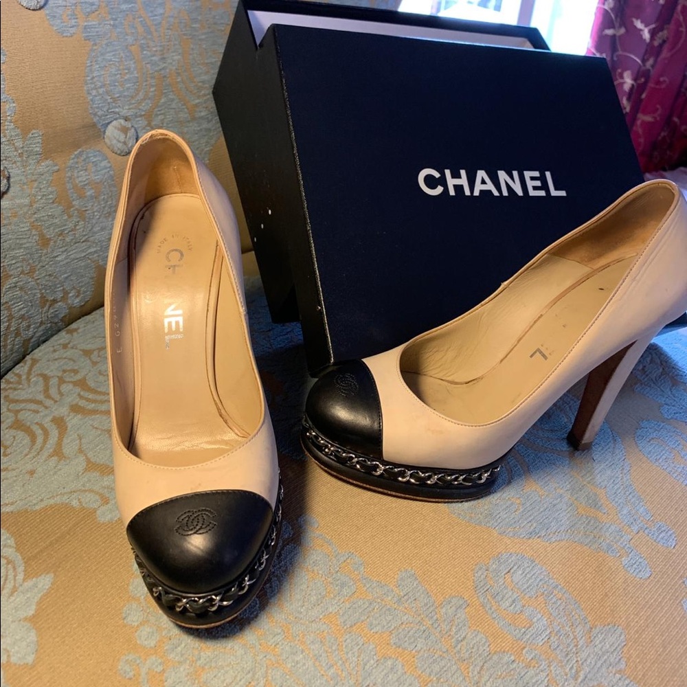 Chanel Beige Cap Toe Chain Platform Pumps